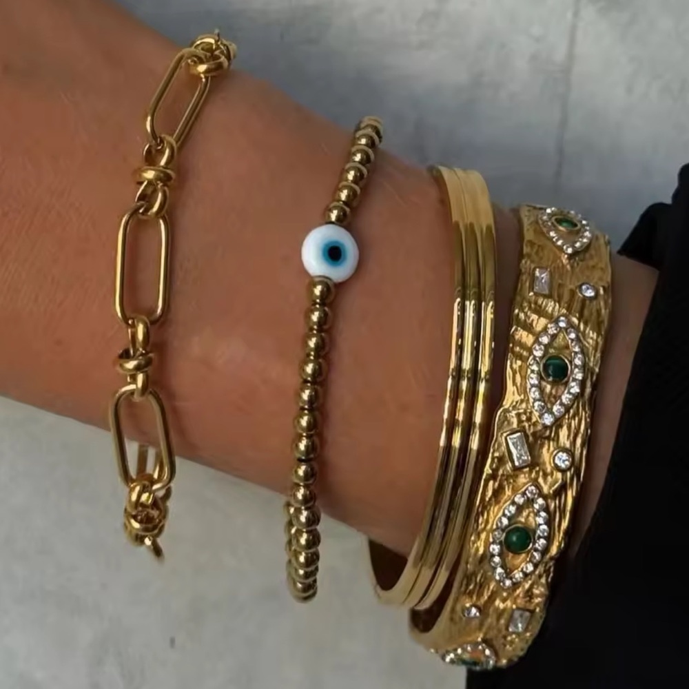 18K Gold Stainless Steel Beaded Bracelet with White Accent - Picture 4 of 7